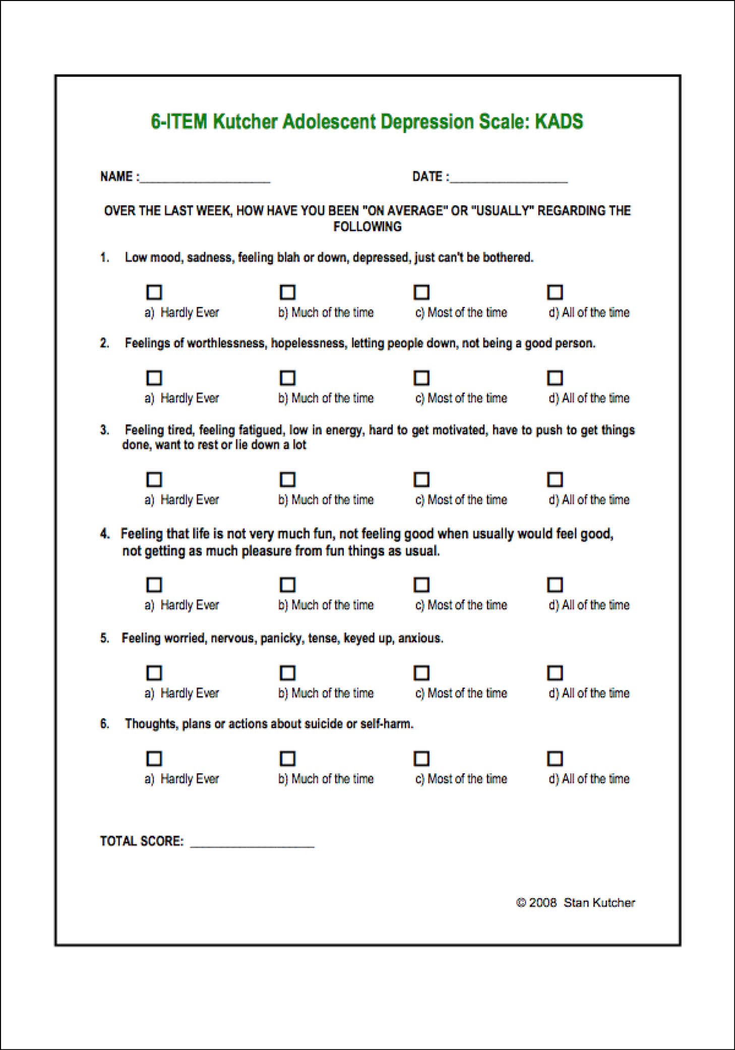 KUTCHER ADOLESCENT DEPRESSION SCALE KADS Mental Health Literacy